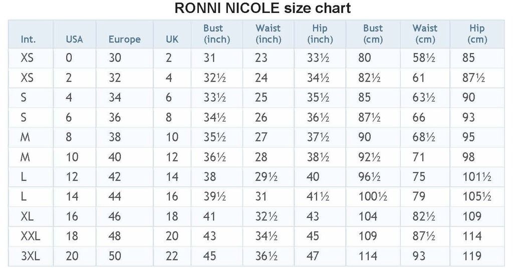 Ronni Dress Size Chart