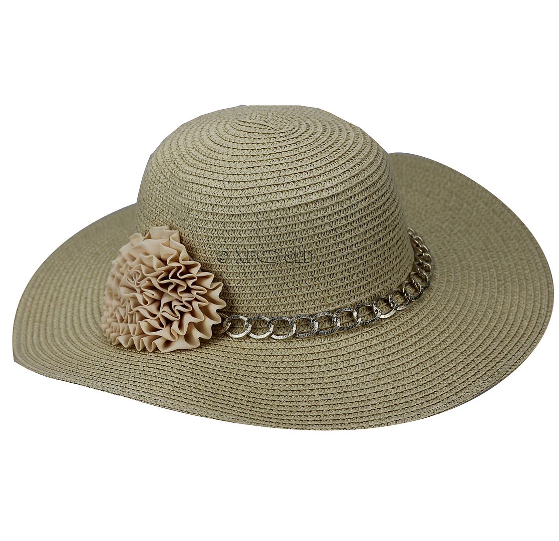 Ladies Womens Summer Wide Brim Sun Chain Flower Straw Foldable Beach