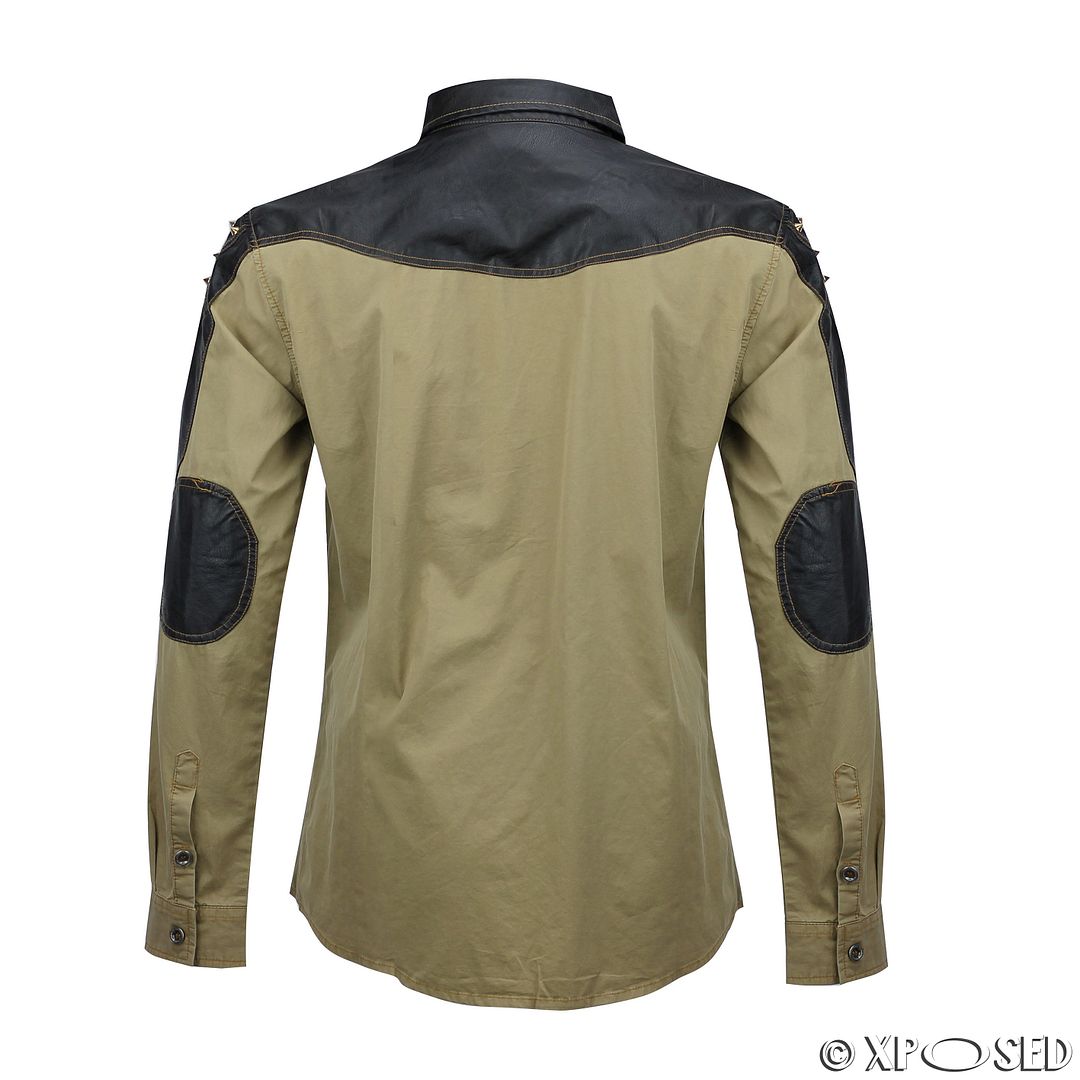 Men Cotton Beige Long Sleeve Elbow Patch Faux Leather Pocket Slim Fit