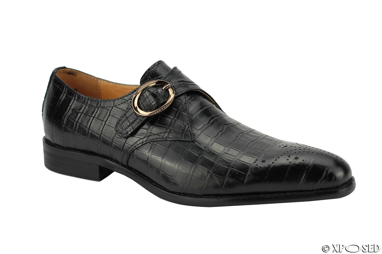 Mens Real Leather Black & Brown Monk Strap Croc Skin Effect Smart Slip