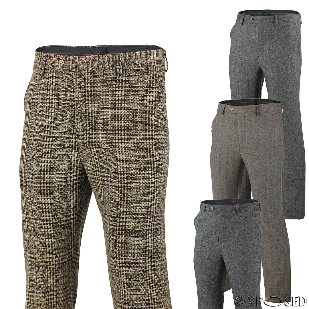 Mens Brown Grey Tweed Checks Slim Fit Trousers Herringbone Classic