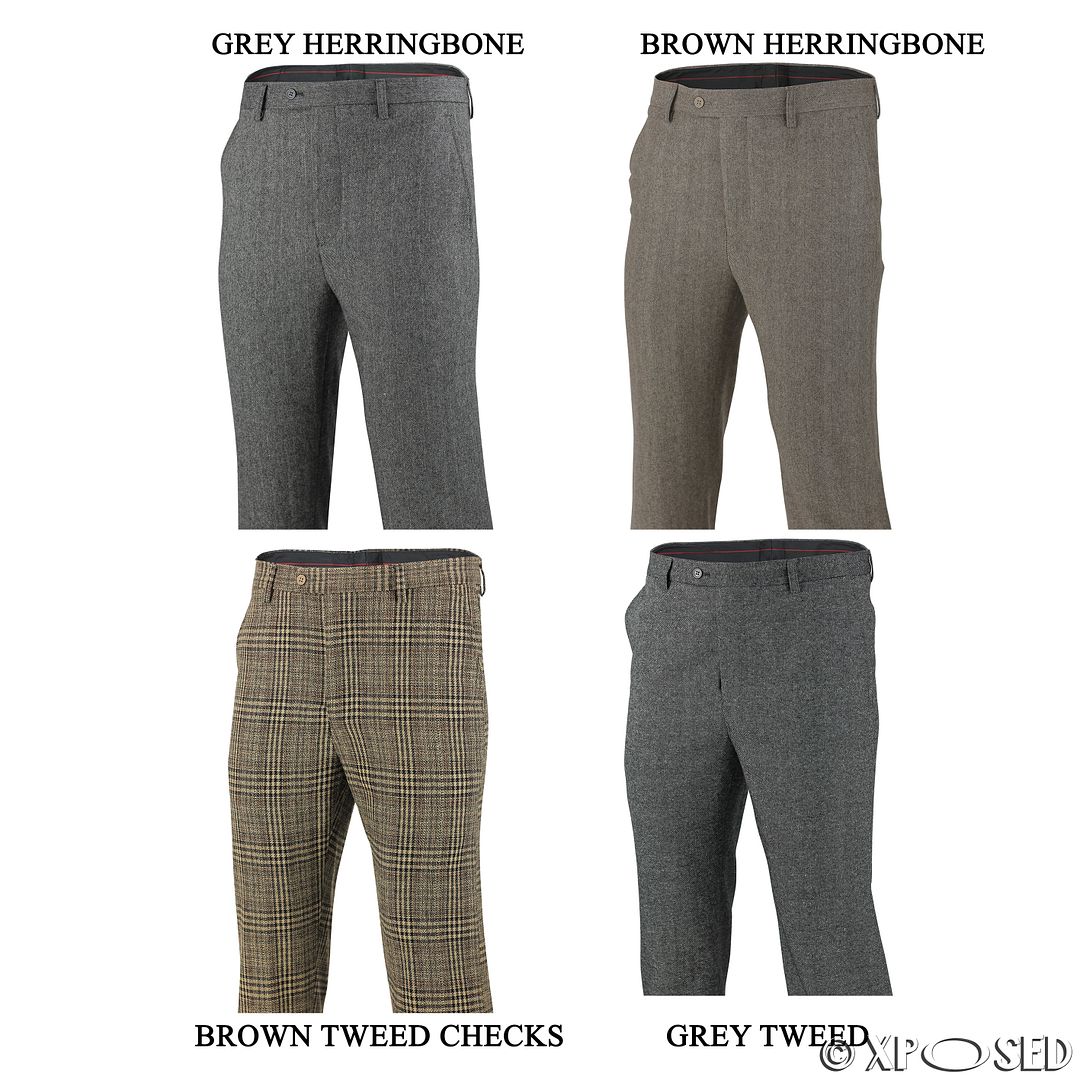 Mens Brown Grey Tweed Checks Slim Fit Trousers Herringbone Classic