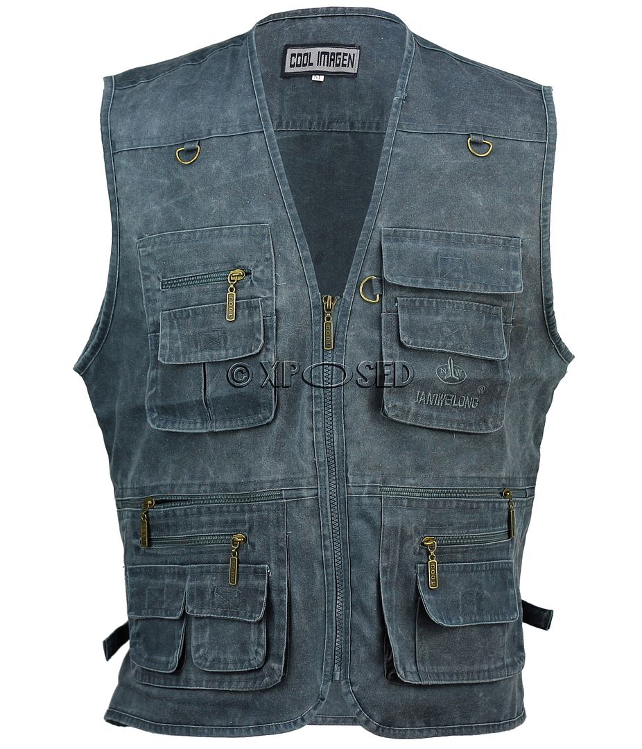 Mens Classic Denim Cotton Fisherman Waistcoat Multi Pocket Zip Gilet