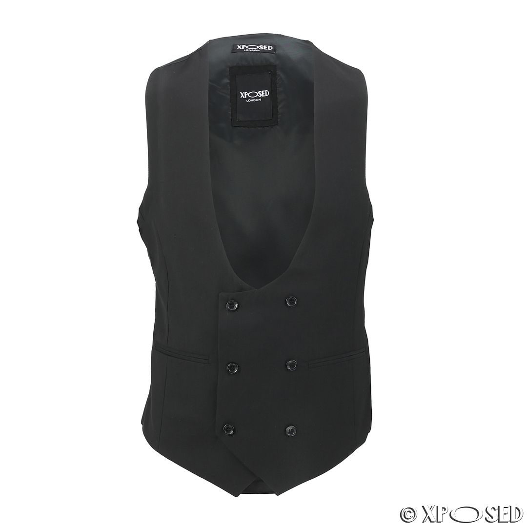 Mens Double Breasted Low U Cut Formal Suit Waistcoat Fitted Smart