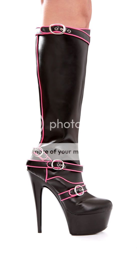 Black Knee High Boots Pink Trim Multiple Buckles 2 Platform & 6 