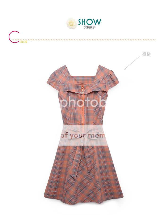 Womens Korean Plaids Tie Waist Dress,Size L,ORANGE 3205  