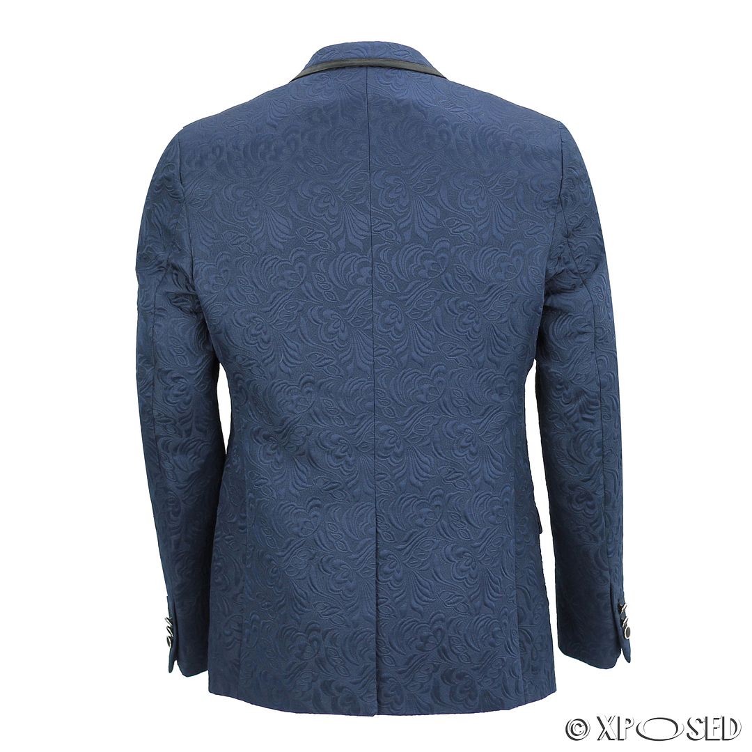 Men’s Retro Jacket Tailor Fit Navy Blue Jacquard Paisley Print Black ...