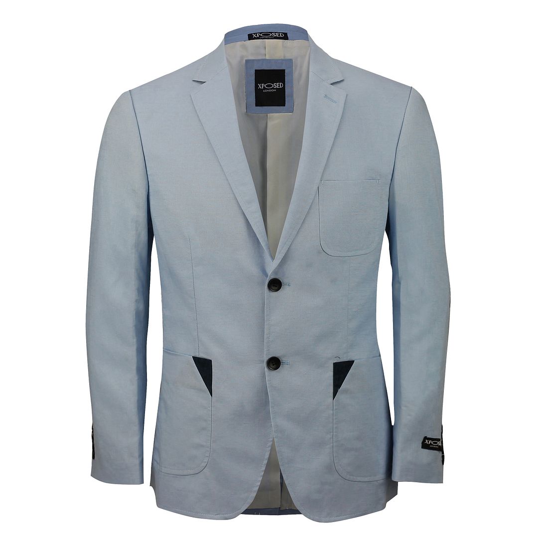 Mens Navy Light Blue Linen Blend Fitted Blazer Casual Designer Suit ...