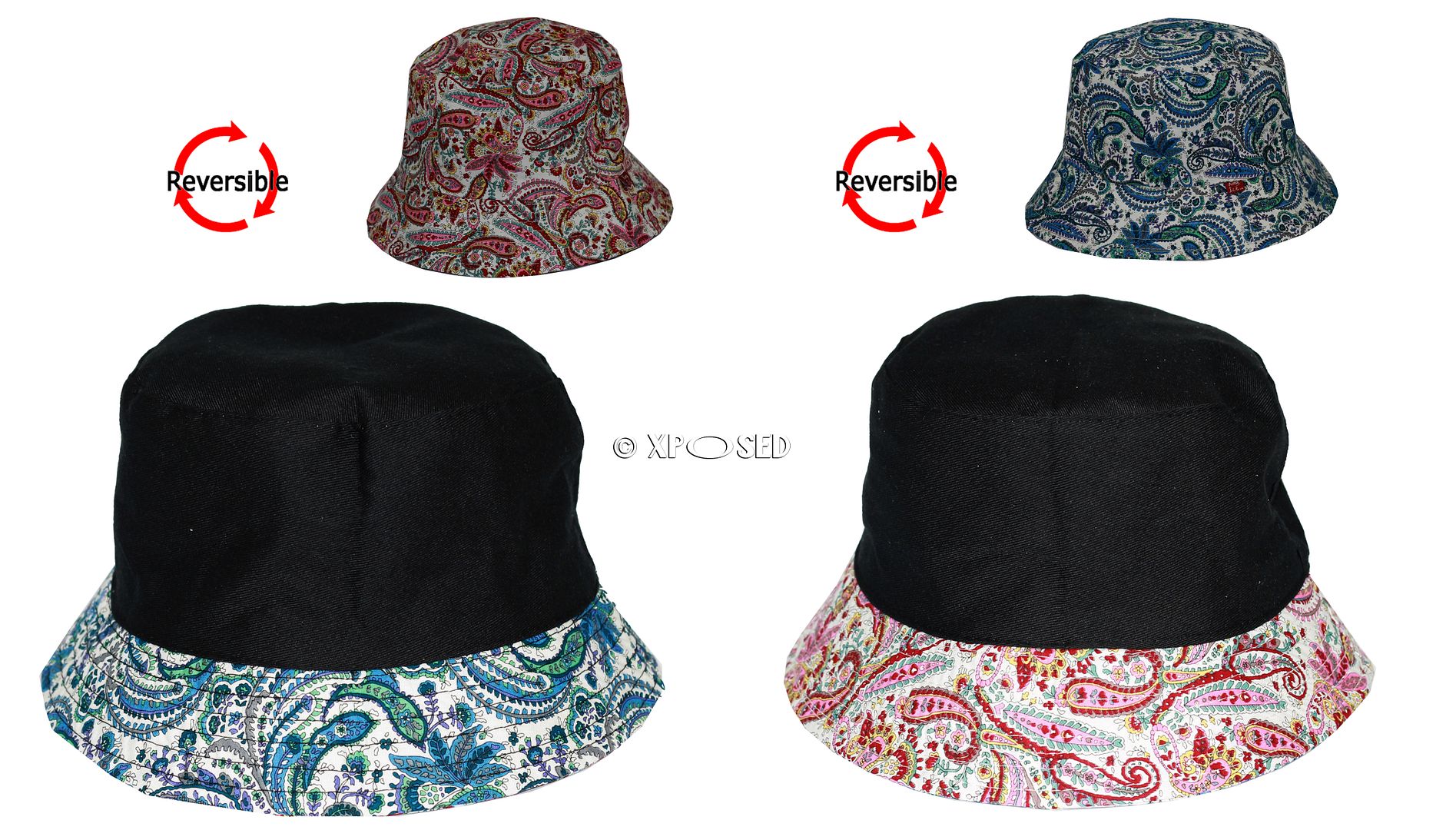 Mens Womens Reversible Paisley Bucket Hat Sun Summer Beach Festival Fishing Cap