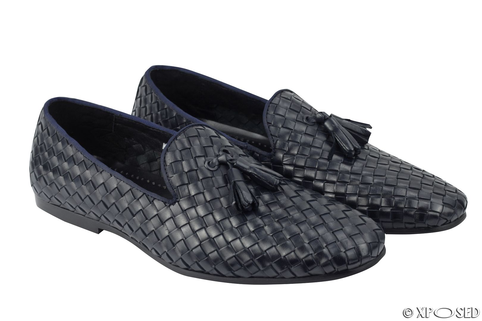 Mens Tan Navy Real Basket Woven Leather Flat Tassel Loafer Vintage