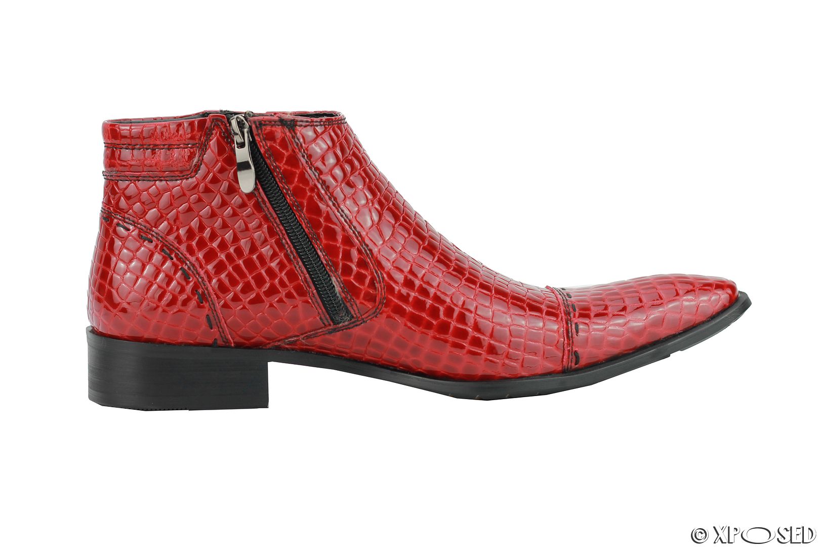 Mens Red Blue Leather Snakeskin Effect Hi Shine Zip Ankle Boots Pointy ...