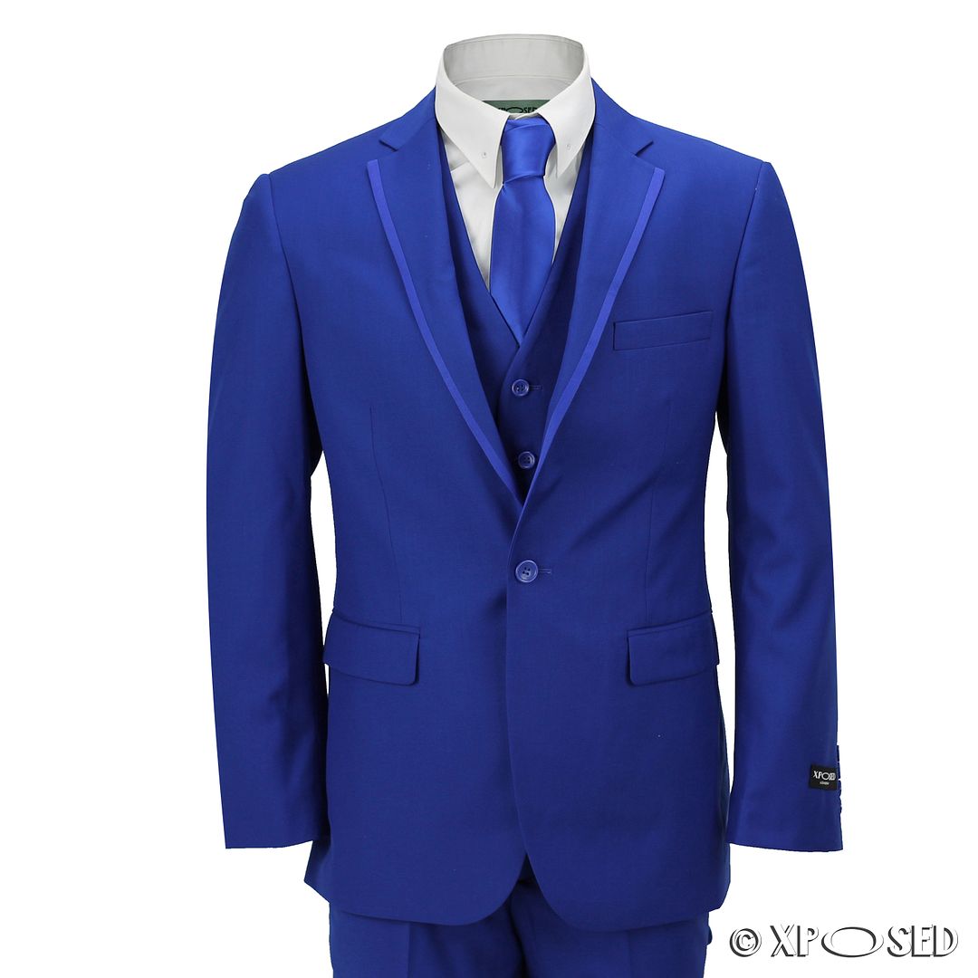 Mens 3 Piece Royal Blue Formal Casual Fitted Suit Trim Lapel Wedding ...