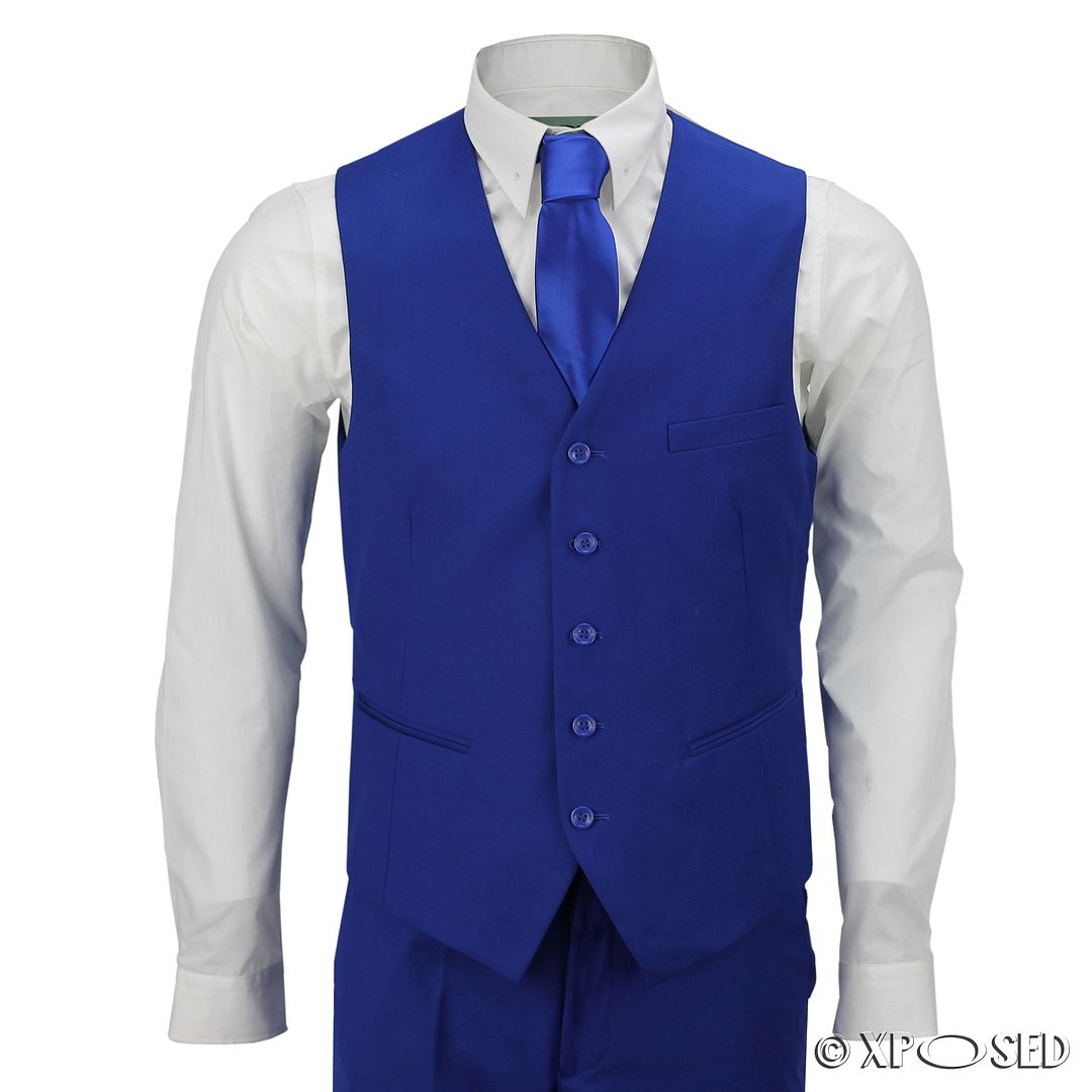 Mens 3 Piece Royal Blue Formal Casual Fitted Suit Trim Lapel Wedding ...