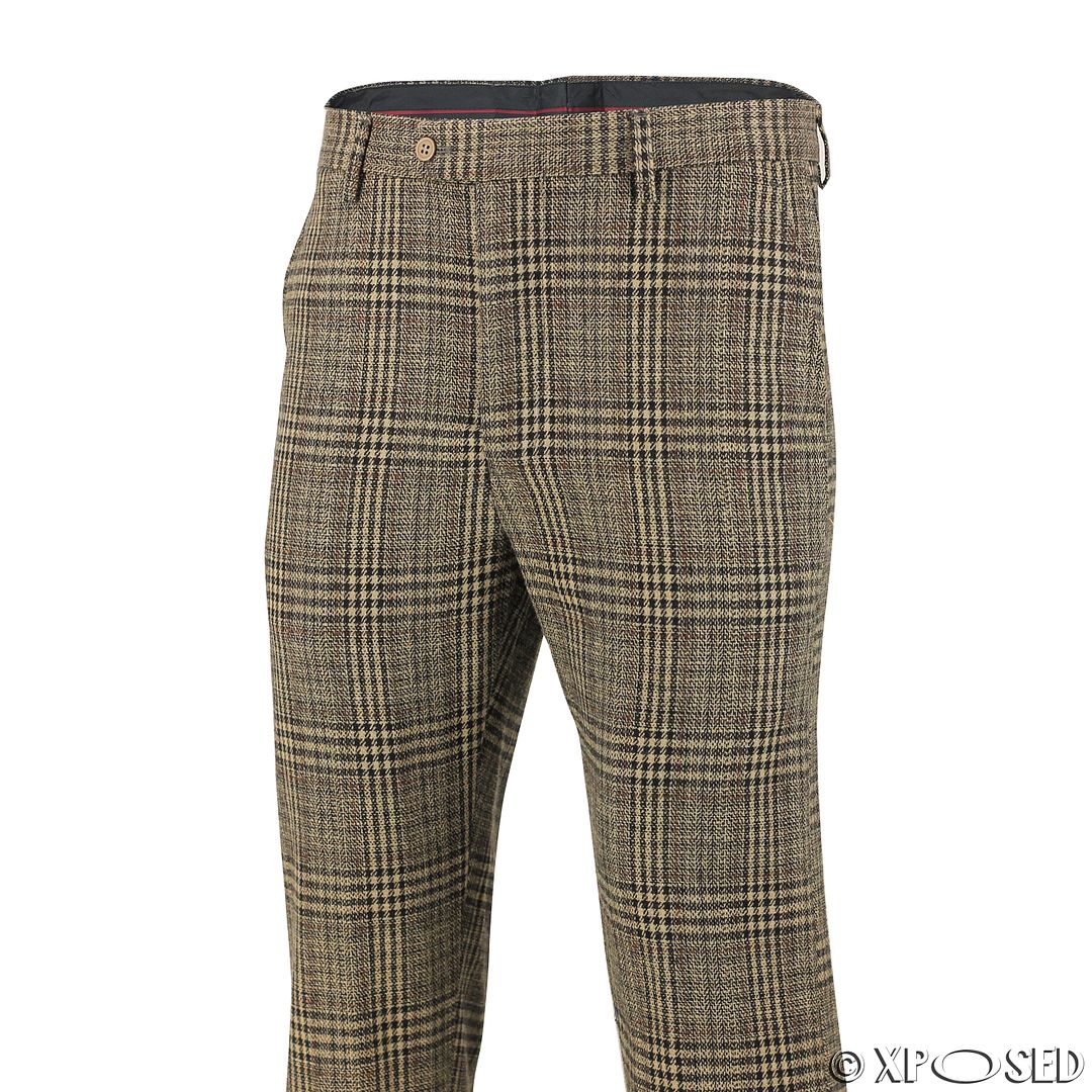 Mens Brown Grey Herringbone Tweed Checks Slim Fit Trousers Vintage ...