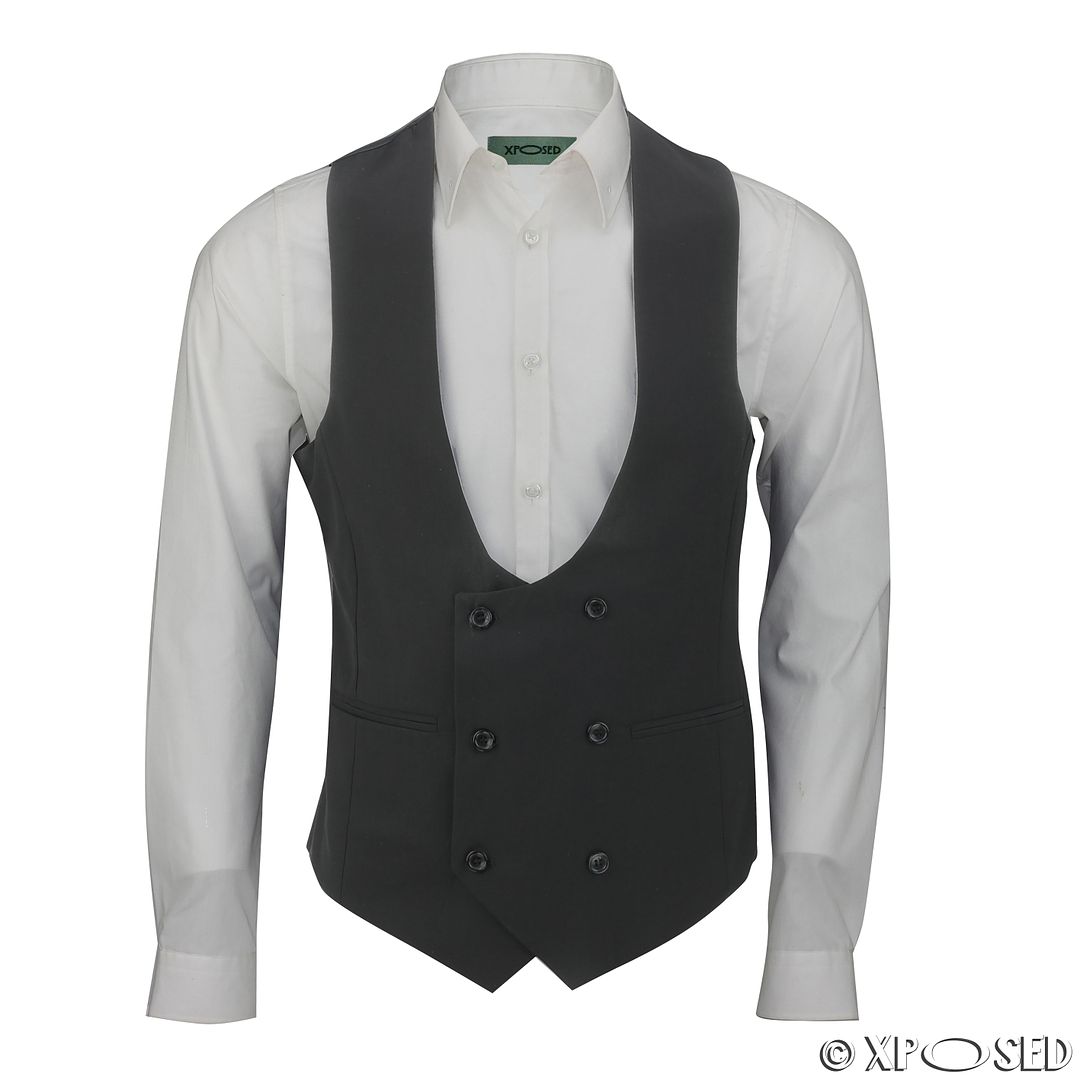 Mens Double Breasted Low U Cut Formal Suit Waistcoat Fitted Smart ...