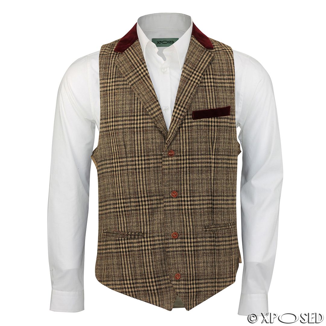 Mens Brown Tweed Check Slim Vintage Waistcoat Red Velvet Collar Trim