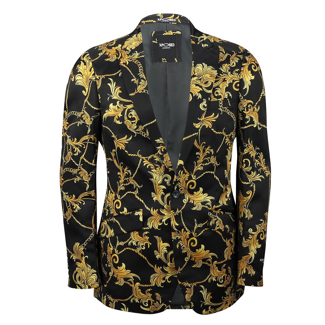 Mens Black Gold Floral Brocade Print Fitted Blazer Italian ...