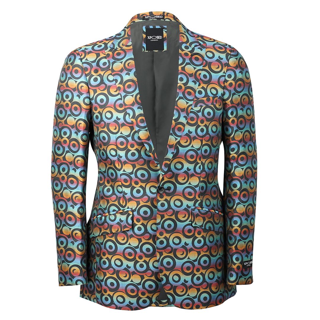 Mens Blue Red Circle Print Fitted Funky Blazer Italian Designer Suit ...