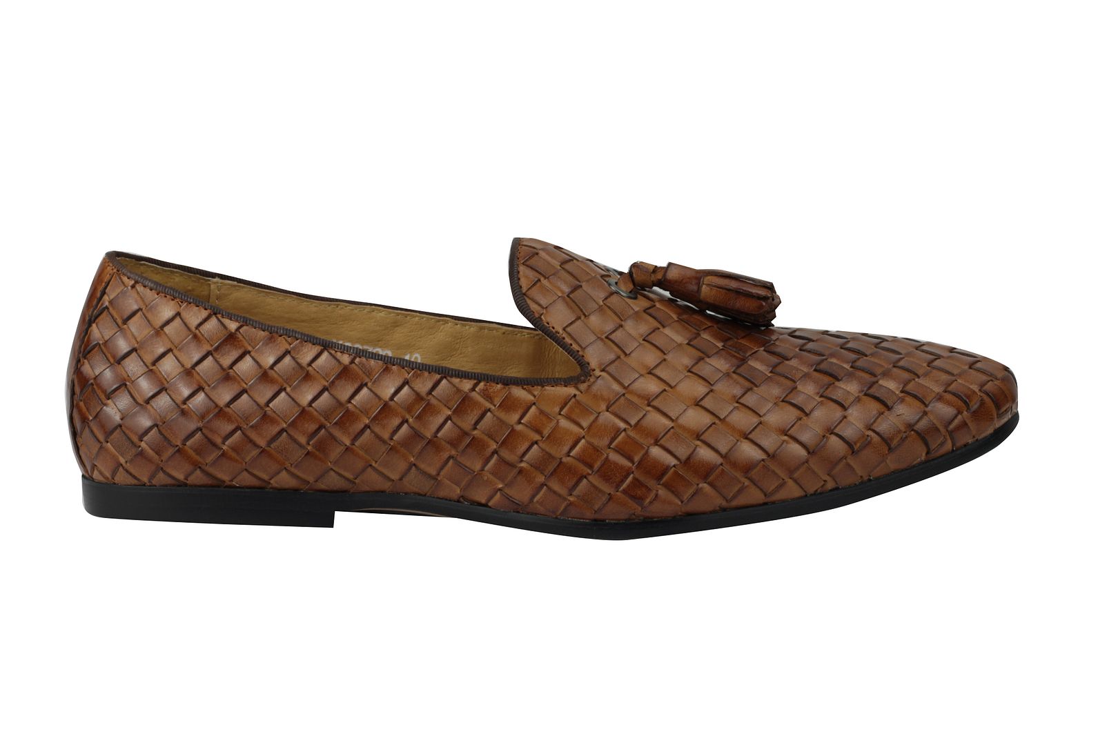 Mens Tan Navy Real Basket Woven Leather Flat Tassel Loafer Vintage