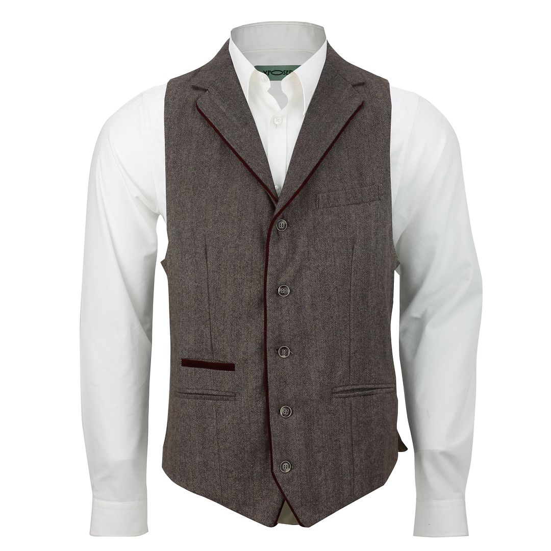 Men Brown Grey Fitted Collar Waistcoat Velvet Trim Herringbone Tweed ...